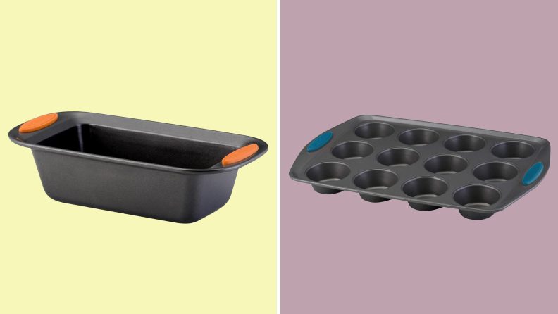 A nonstick loaf pan and muffin pan side by side.