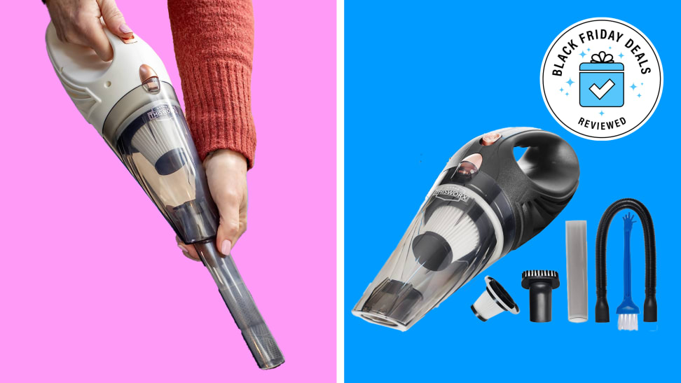 Photo collage of person using the ThisWorx car vacuum cleaner with extended nozzle and the ThisWorx car vacuum cleaner next to assorted attachment pieces.