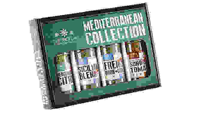 A Spice Lab collection in turquoise packaging, called the Mediterranean Collection, includes a citrus blend, a Sicilian seasoning, a french-onion-and-garlic blend, and spicy sun-dried-tomato seasoning.
