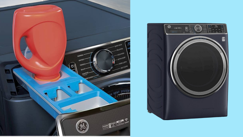 On the left, a bottle of detergent being emptied into a washer. On the right, the front view of a GE washing machine.