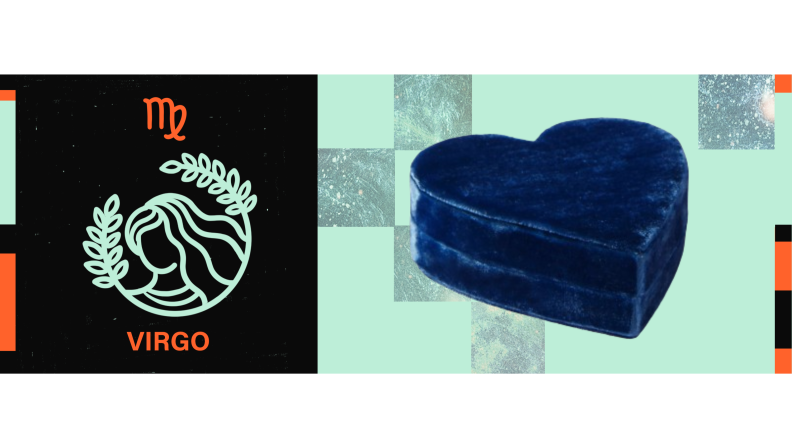 On the left is the symbol for Virgo, and on the right is a heart-shaped blue velvet trinket box.