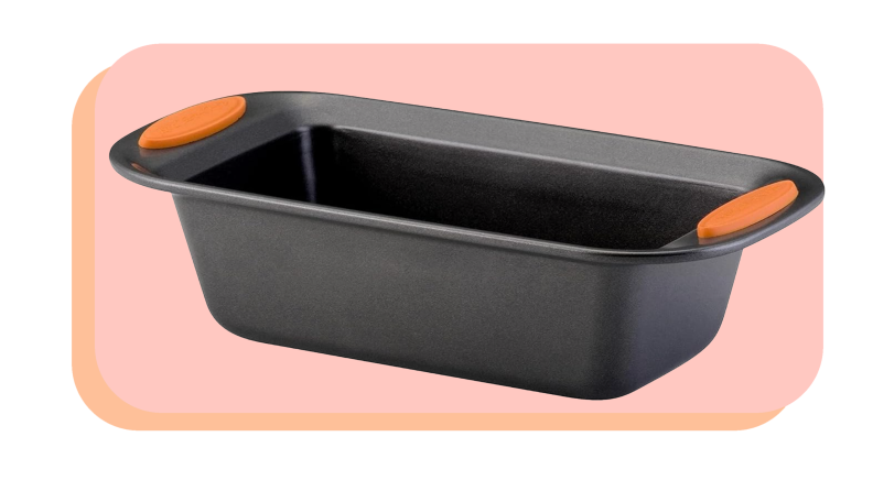 Bread load pan with orange handles on both sides.