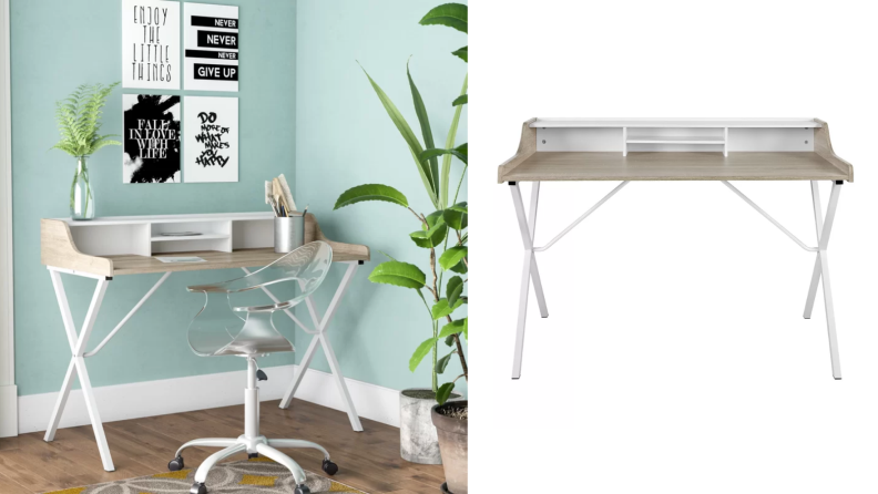 Two images, the first of a desk in a teal room and the second of the same desk on a white background.