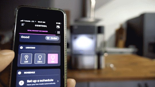 The app allows you to do things like turn the light on and off remotely, perfect for late-night ice cravings.