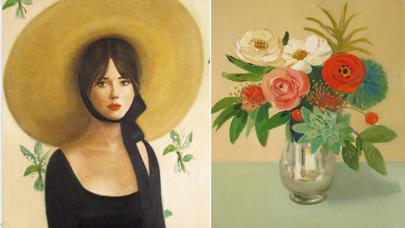 paintings of woman in hat and flower arrangement