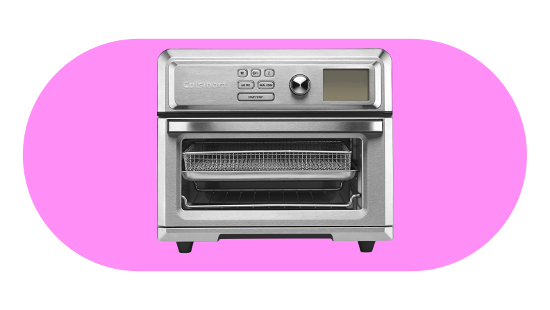 Cuisinart air fryer toaster oven on pink background.