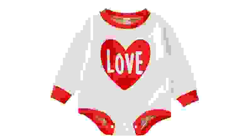 Red and white long-sleeved children's onesie.