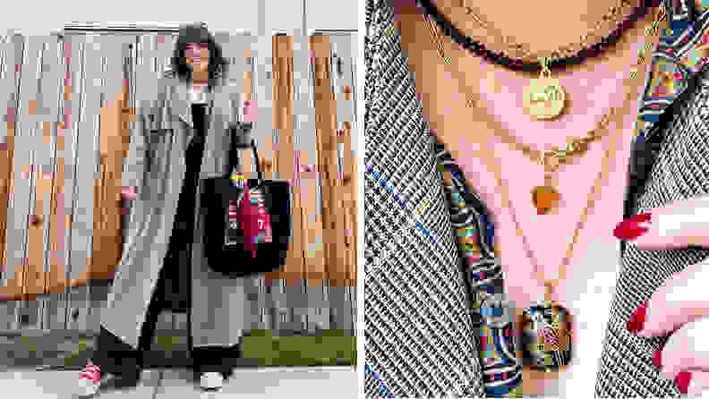 A woman wearing a plaid coat, wide-leg trousers, a plaid shirt, red Converse sneakers, a black tote bag and jewelry.
