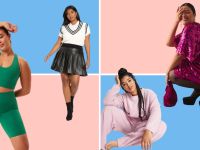 Collage of plus-size outfits: a green athleisure look, a leather skirt, a pink sleepwear look, and a sequin dress.