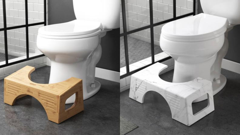 On right, tan Bamboo Flip Squatty Potty in front of toilet in bathroom. On right, black and white Carrara marble Squatty Potty in front of toilet in bathroom.