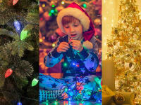 1) close up of a Christmas tree with colorful lights 2) a young child plays with a string of colorful lights 3) A warm room with white lights