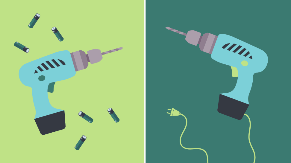 Cartoon battery-operated drill surrounded by batteries next to corded tool drill.