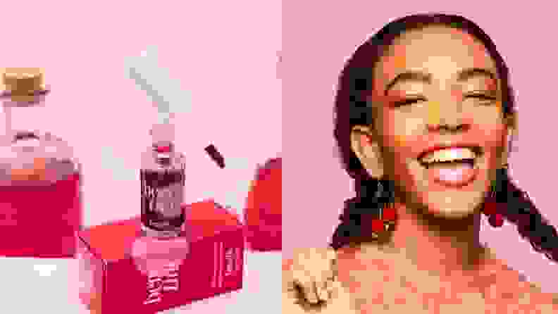 On the left: The Benefit Cosmetics Benetint Rose Lip & Cheek Tint stands with the applicator balanced on the jar of liquid product on top of the tint's cardboard packaging. On the right: A person smiles at the camera wearing pink-themed makeup, cherry earrings, and braids.