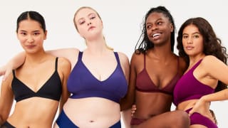 Four  women wearing colorful Parade bralettes ad underwear