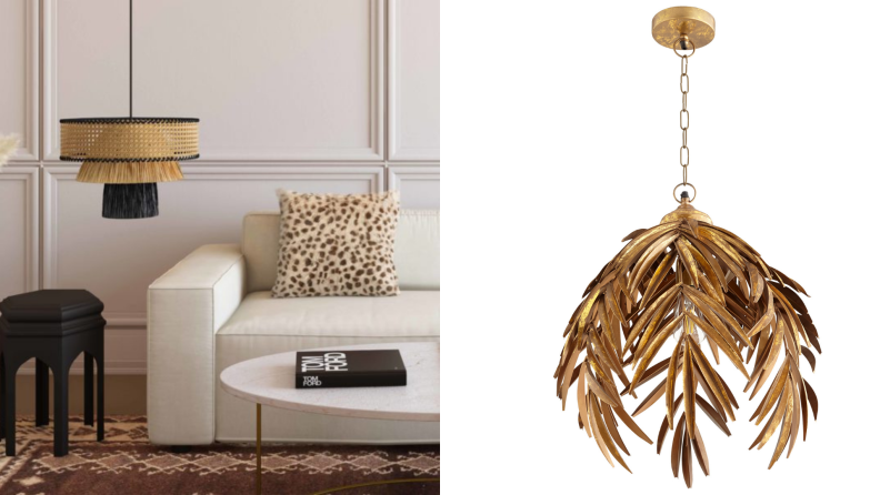 On left, tan and black rattan hanging light fixture in living room next to cream colored couch. On right, product shot of palm-shaped brass finished light fixture.