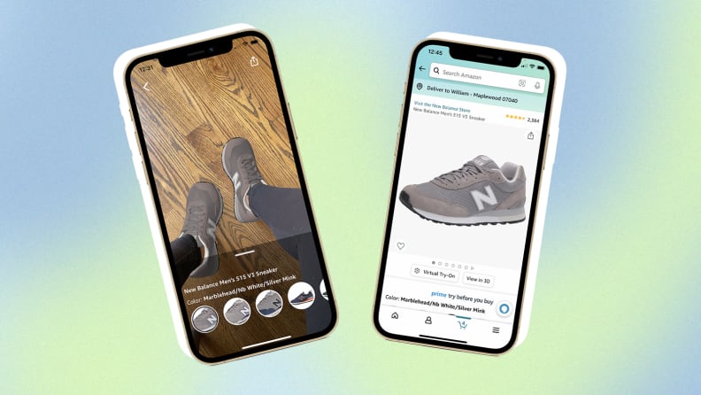 Two iPhones with Amazon's virtual shoe try-on app on the screen