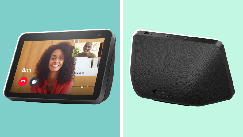 Front of the Echo Show featuring a video call and the back of the device