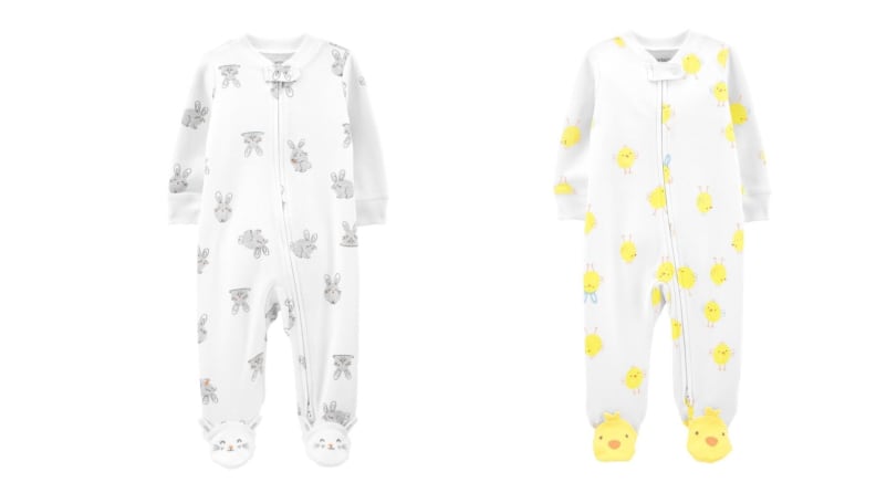 Two sets of footie pajamas: Bunny and chickie. Each have animal faces on their footie slippers.