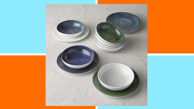 A set of blue and green melamine plates and bowls