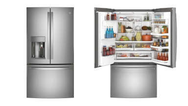 A closed French-door refrigerator stands next to an open one