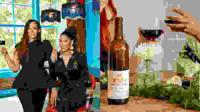 Side-by-side image of the McBride sisters and a bottle of their wine product.