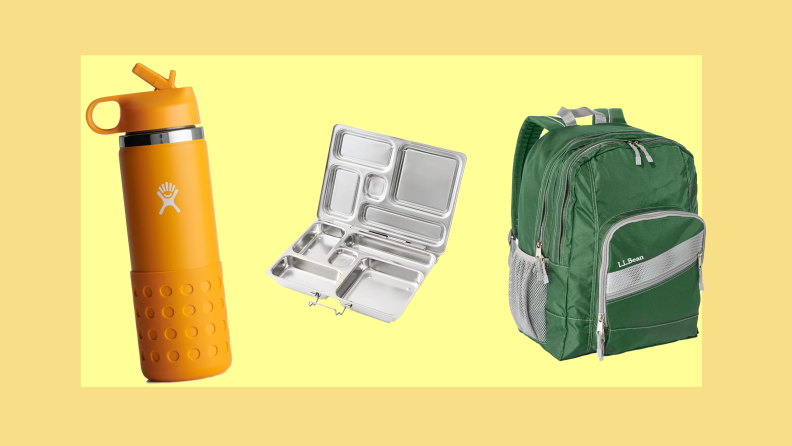 On a yellow background: An orange HydroFlask water bottle, a PlanetBox lunch box, and an L.L. Bean backpack