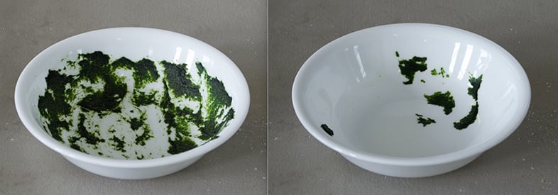 A stained dish before and after a dishwasher cleaning cycle.