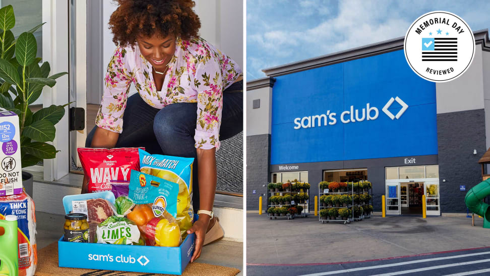 Sam's Club building, woman bringing groceries in from her porch