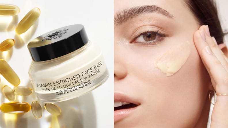 On left, jar of face cream surrounded by vitamins. On right, person wiping cream into face under eye.