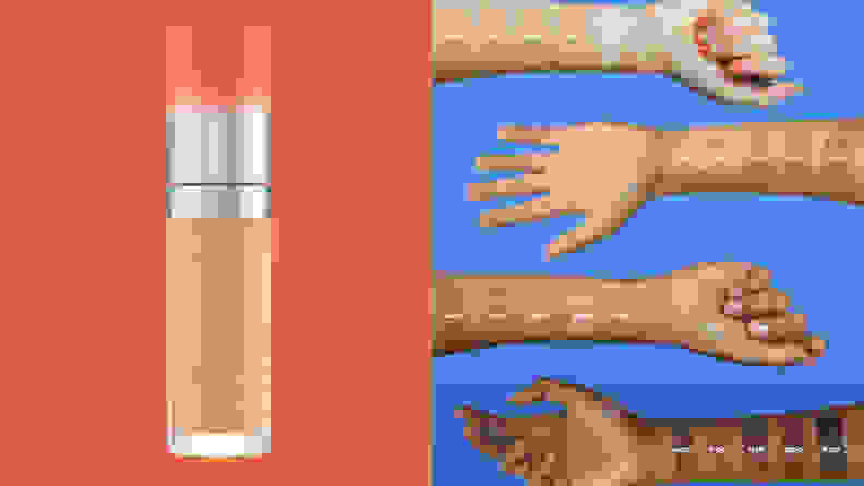 On the left: The Item Beauty Air Hug Concealer in a light shade in its cylindrical tube standing on a red background. On the right: Four arms from light to dark skintones with the Air Hug Concealer shades swatched on the arms.