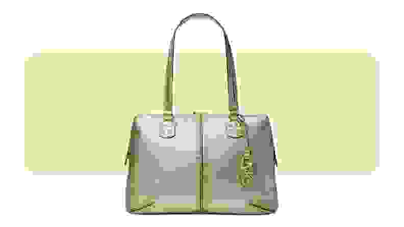 A gold zip-top tote bag.