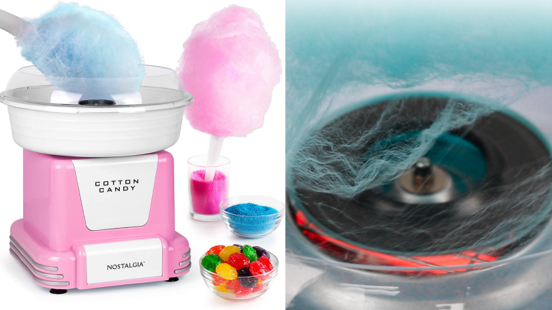 Pink cotton candy machine next to blue and pink cotton candy on sticks, sugar and hard candy in a dish. On right, blue cotton candy in machine.