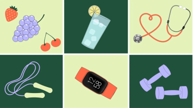 Illustrations of fruits, a drink, a stethoscope, a jump rope, a fitness tracker, and a pair of dumbbells against a checkered green background