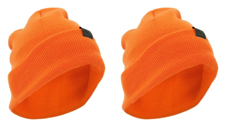 Side-by-side images of an orange beanie
