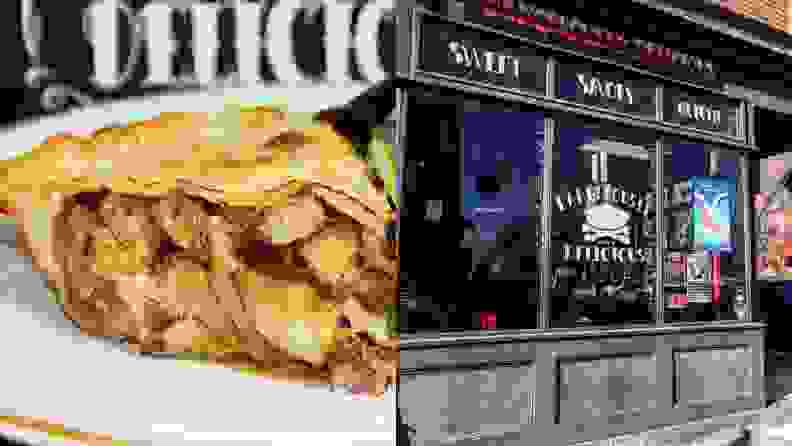 Left: A side view of the Hot Rod Potato Pie, exposing all the layers of potatoes, cheese, and other veggies. Right: The Dangerously Delicious Pies storefront, painted black with text in the style of traditional tattoos.