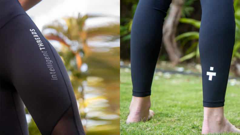On left, close up of black leggings. On right, back of person's legs.