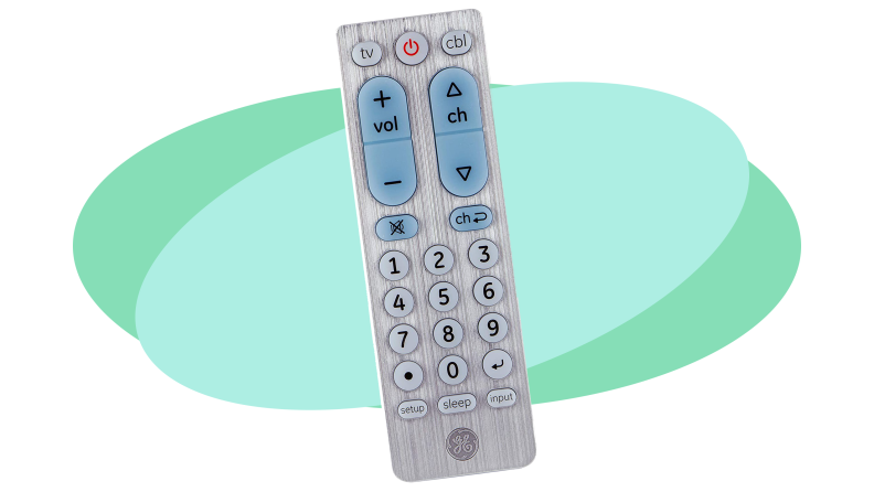 GE universal remote on a colorful background