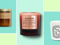 A PF Candle co candle, Boy Smells candle, and Diptyque candle against a green background.