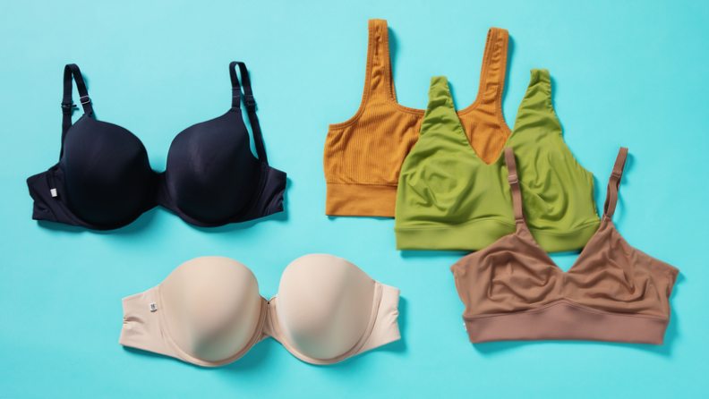 assorted bras on blue background