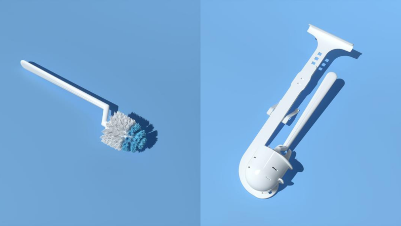 On left, Invisibrush Hidden Toilet Brush by Squatty Potty in front of blue background. On right, Invisibrush Hidden Toilet Brush by Squatty Potty in holder in front of blue background.