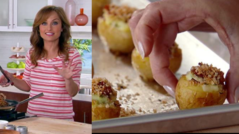 An image of Giada in a kitchen alongside her hand lifting some canapes.
