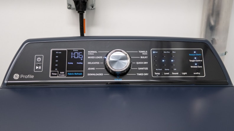 Product shot of the display panel on the GE Profile 900 Series PTD90EBPTRS Dryer.
