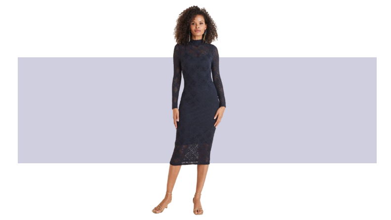 A navy lace midi dress.