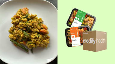 Left: plated dish of chicken, rice, and veggies. Right: Modify Health packages on green background