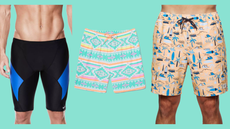 Three men's swimsuits: One jammer in black, one in a multicolored print, and another in a beach print.