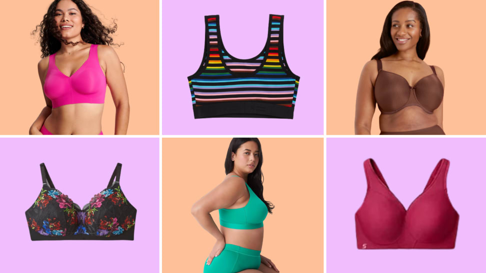 A collage of six bras, three are worn by models, and three are product shots. There is a hot pink option, one with rainbow stripes, a brown lace option, a floral lace option, a green sports bra, and a burgundy T-shirt bra.
