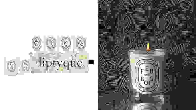 On left, a box of four Diptypque candles. On right, a singular candle burning.