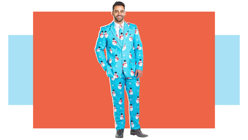 A man in a snowman patterned suit.