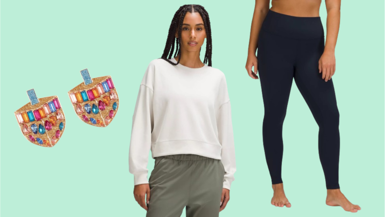 A pair of earrings that look like dreidels, a model wearing a white sweatshirt, and a model wearing navy tights.