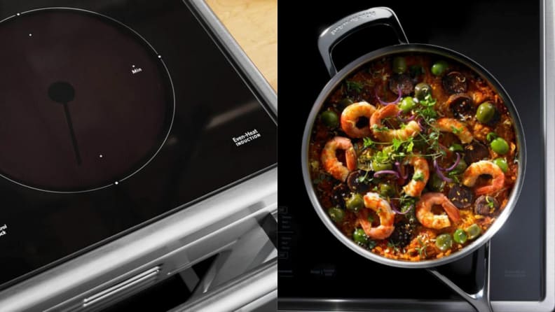 Left: A closeup of a KitchenAid induction cooktop. Right: A skillet filled with shrimp and vegetables.